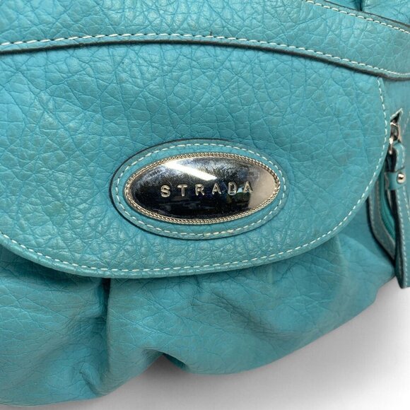 Strada Pleated Shoulder Bag Teal Blue Faux Leather Pink Lining 15"W x 12"H x 5"D - Picture 5 of 11